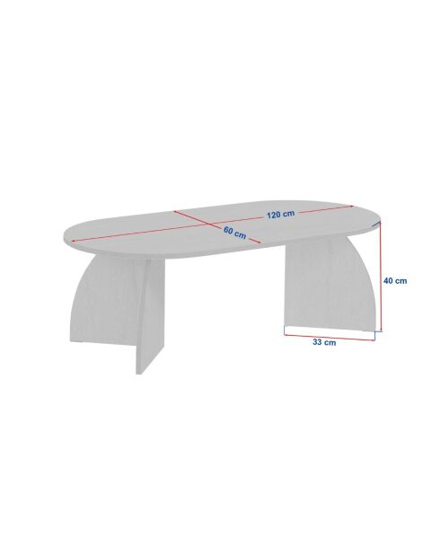 Table basse Selene avec plateau ovale et pieds courbés décor chêne saphir - L.120 cm