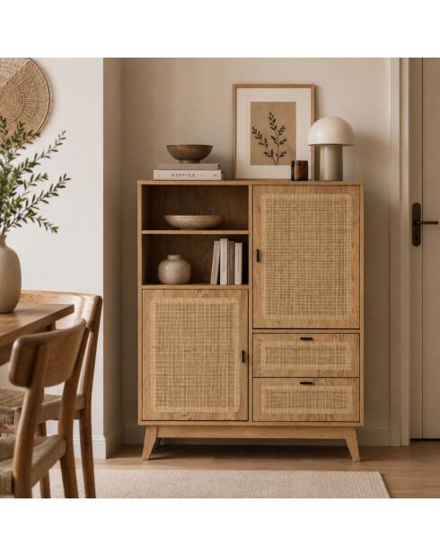 Hohes Sideboard Alia, 2 Türen, 2 Schubladen mit Rattanfronten, H.120 cm