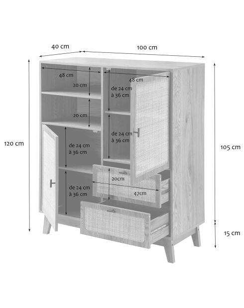 Hohes Sideboard Alia, 2 Türen, 2 Schubladen mit Rattanfronten, H.120 cm