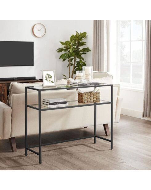 Console Selia en métal avec 2 tablettes en verre trempé coloris noir et transparent - L.90 cm