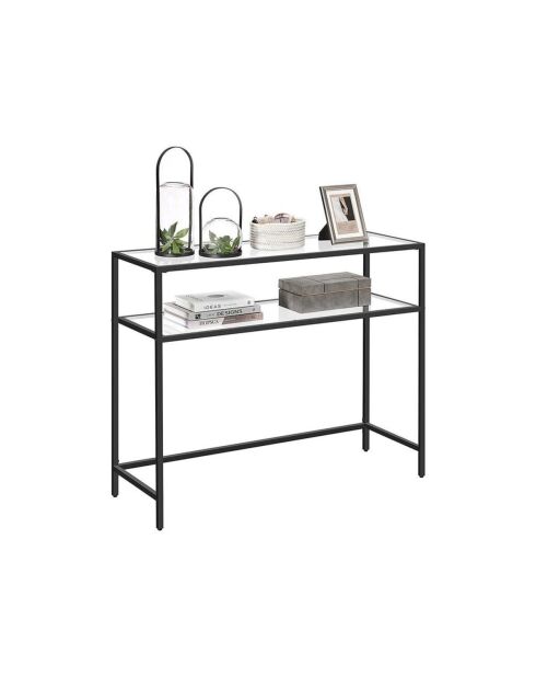 Console Selia en métal avec 2 tablettes en verre trempé coloris noir et transparent - L.90 cm