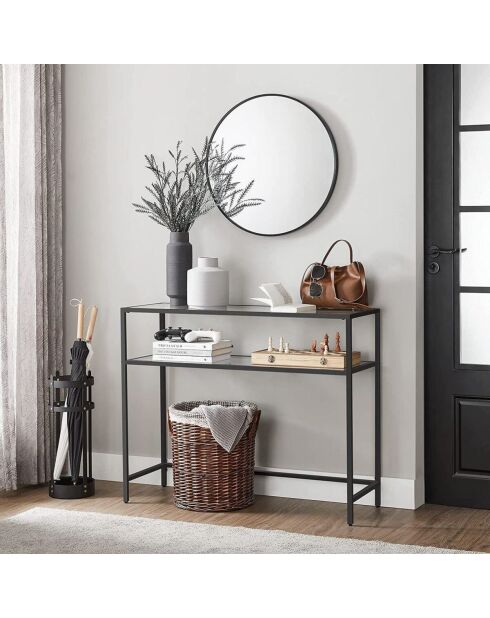 Console Selia en métal avec 2 tablettes en verre trempé coloris noir et transparent - L.90 cm