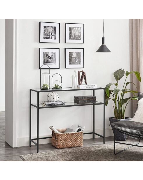 Console Selia en métal avec 2 tablettes en verre trempé coloris noir et transparent - L.90 cm