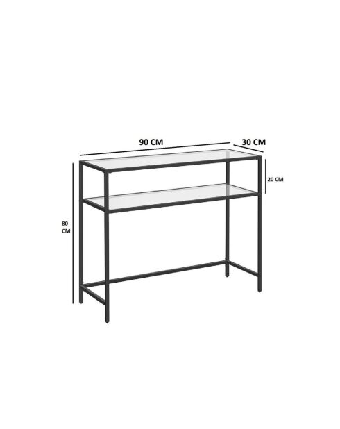 Console Selia en métal avec 2 tablettes en verre trempé coloris noir et transparent - L.90 cm