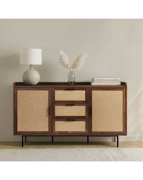 Jetson Sideboard mit 2 Türen und 3 Schubladen, Nussbaumdekor und Stofffronten, L.140 cm
