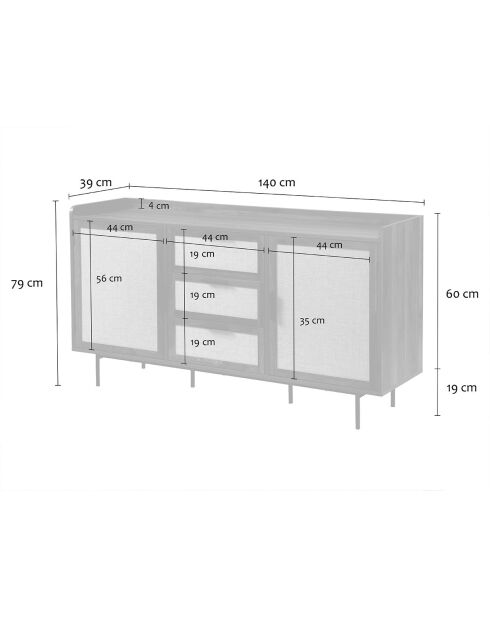Jetson Sideboard mit 2 Türen und 3 Schubladen, Nussbaumdekor und Stofffronten, L.140 cm