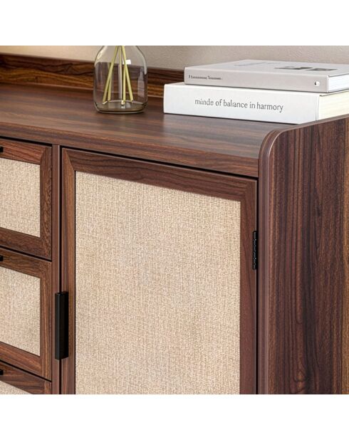 Jetson Sideboard mit 2 Türen und 3 Schubladen, Nussbaumdekor und Stofffronten, L.140 cm