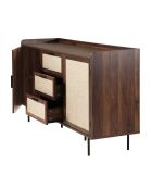 Jetson Sideboard mit 2 Türen und 3 Schubladen, Nussbaumdekor und Stofffronten, L.140 cm