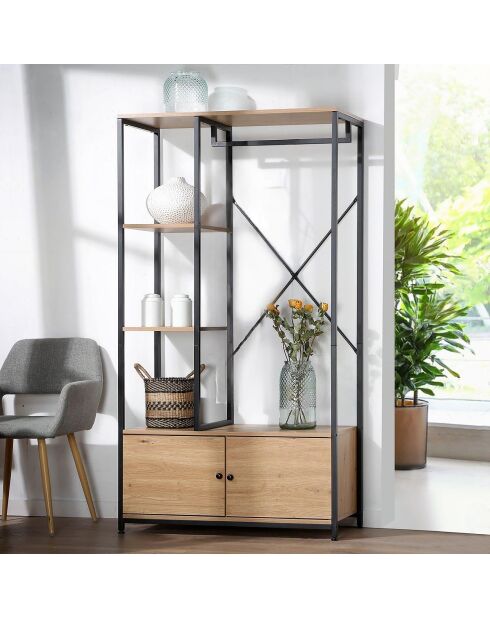 Kleiderschrank Lenny mit Regalen und Stauraum 2 Türen aus schwarzem und hellem Holz - H.167 cm