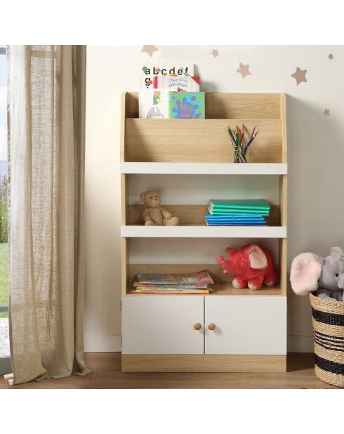 Aufbewahrungsregal Leon mit 2 Türen für Kinder in hellem Holz und Weiß - H.106 cm