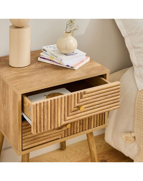 Chevet Eden 2 tiroirs avec façades lamellées décor bois marron