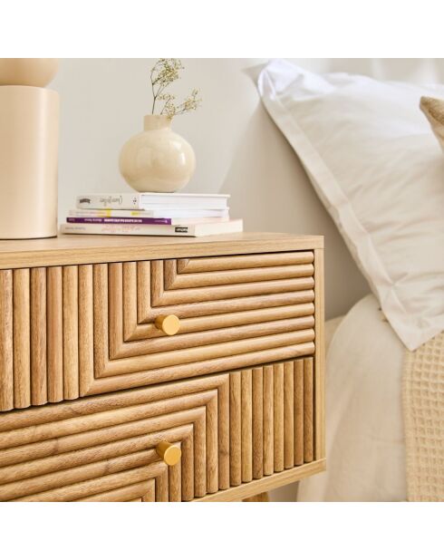 Chevet Eden 2 tiroirs avec façades lamellées décor bois marron