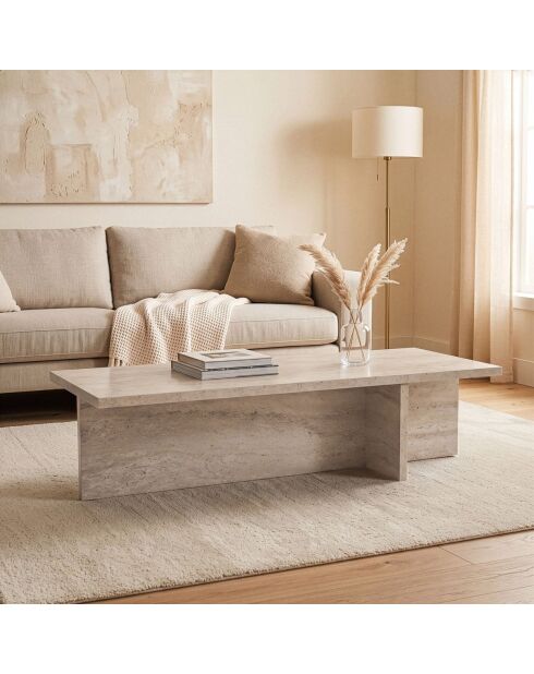 Table basse Harbor avec plateau rectangulaire et pied asymétrique décor travertin - L.120 cm
