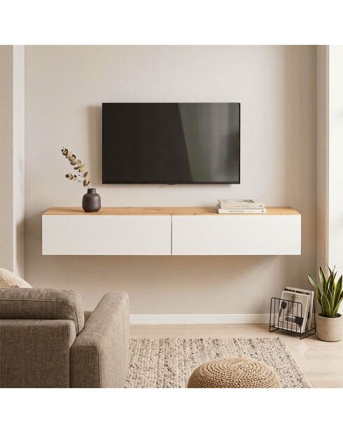 Armario suspendido Kaway con 2 solapas y 2 nichos de almacenamiento en blanco y madera clara - L.180 cm