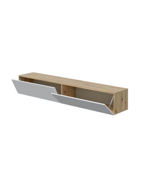 Armario suspendido Kaway con 2 solapas y 2 nichos de almacenamiento en blanco y madera clara - L.180 cm