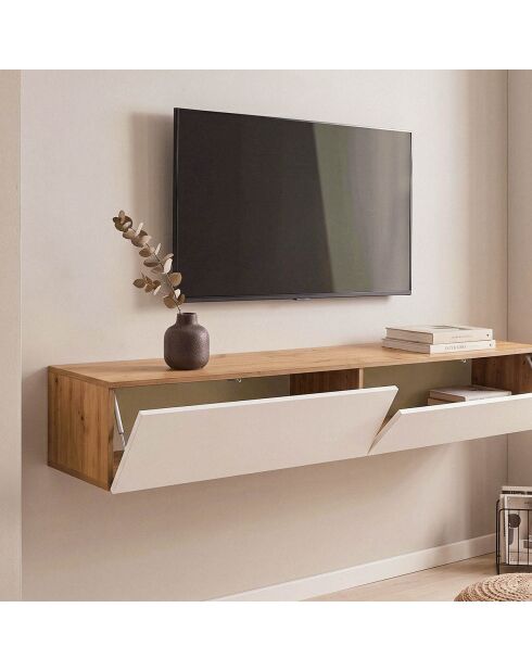 Armario suspendido Kaway con 2 solapas y 2 nichos de almacenamiento en blanco y madera clara - L.180 cm