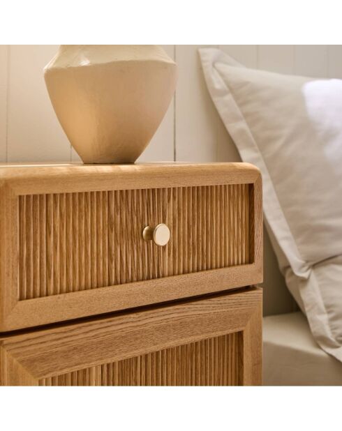 Chevet Ava 1 porte et 1 tiroir avec façades lamellées décor bois marron clair - H.71 cm