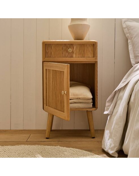 Chevet Ava 1 porte et 1 tiroir avec façades lamellées décor bois marron clair - H.71 cm