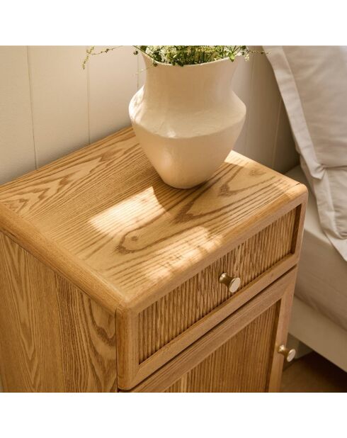 Chevet Ava 1 porte et 1 tiroir avec façades lamellées décor bois marron clair - H.71 cm