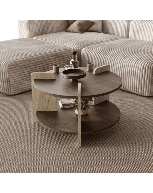 Table basse Milo ronde double plateau coloris noyer et travertin - D.70 cm