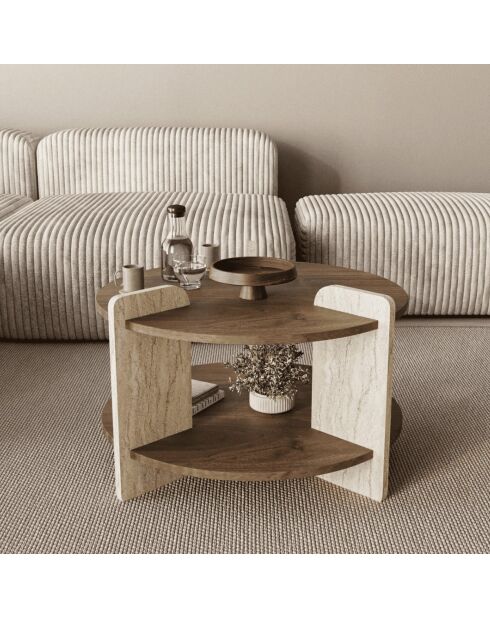 Table basse Milo ronde double plateau coloris noyer et travertin - D.70 cm