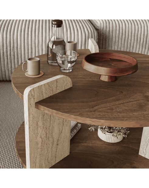 Table basse Milo ronde double plateau coloris noyer et travertin - D.70 cm