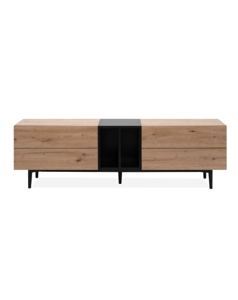 TV-Ständer Nola 2 Klappen und 2 Nischen mit handgefertigtem Eichendekor und schwarzem Dekor - L.160 cm