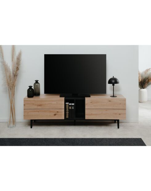 TV-Ständer Nola 2 Klappen und 2 Nischen mit handgefertigtem Eichendekor und schwarzem Dekor - L.160 cm