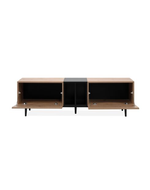 TV-Ständer Nola 2 Klappen und 2 Nischen mit handgefertigtem Eichendekor und schwarzem Dekor - L.160 cm