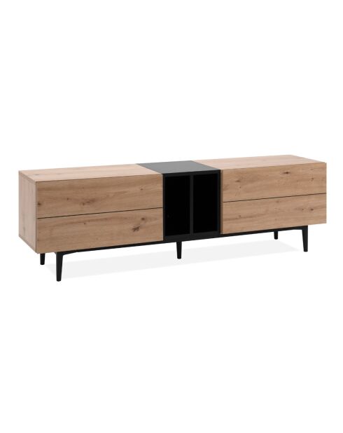 TV-Ständer Nola 2 Klappen und 2 Nischen mit handgefertigtem Eichendekor und schwarzem Dekor - L.160 cm
