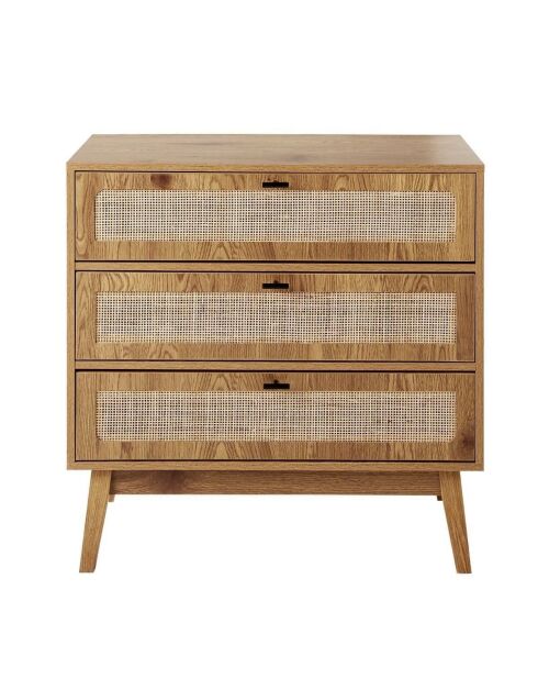 Cómoda Alia de 3 cajones con frentes de ratán y patas de madera - L.80 cm