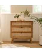 Cómoda Alia de 3 cajones con frentes de ratán y patas de madera - L.80 cm