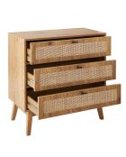 Cómoda Alia de 3 cajones con frentes de ratán y patas de madera - L.80 cm