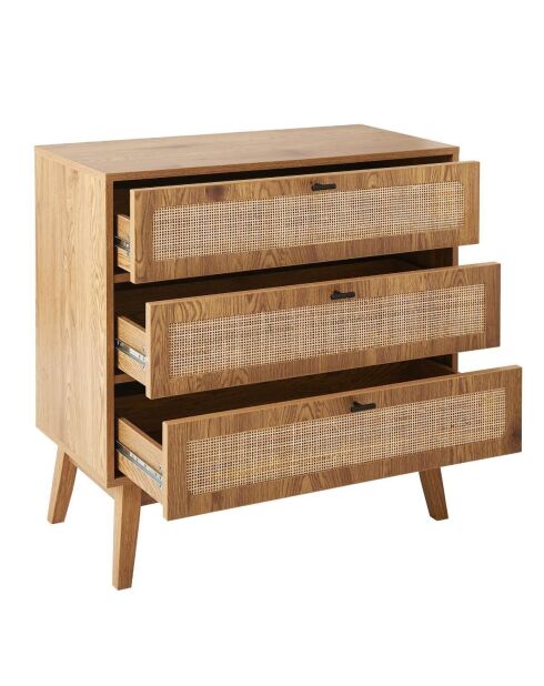 Cómoda Alia de 3 cajones con frentes de ratán y patas de madera - L.80 cm
