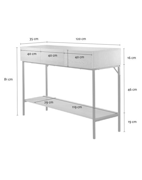 Console Tessa 3 tiroirs avec 1 tablette décor bois et métal - L.120 cm