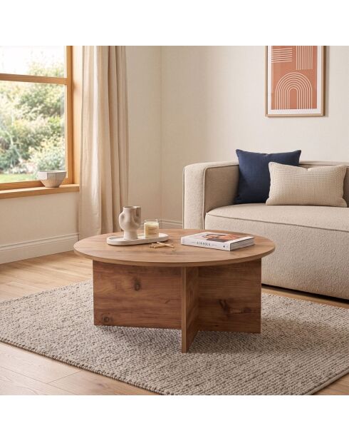 Table basse Soleil avec plateau arrondi décor bois clair - L.90 cm