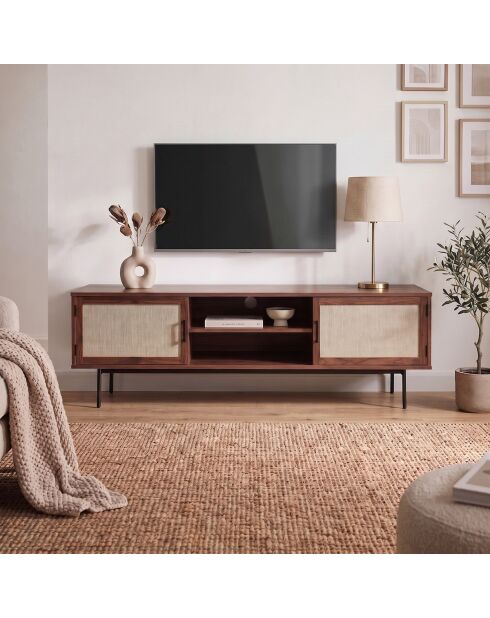 Jetson TV-Ständer Nussbaumdekor mit Stofffronten - L.140 cm
