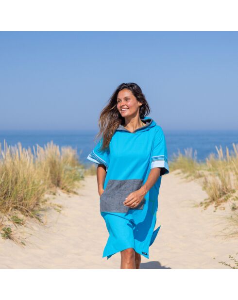 Poncho de plage adulte en kikoy Cap Ferret bleu - 105x68 cm