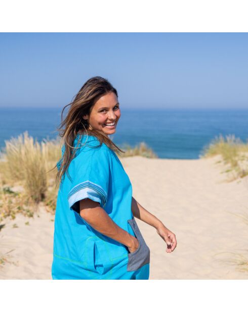 Poncho de plage adulte en kikoy Cap Ferret bleu - 105x68 cm