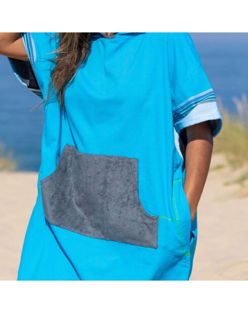 Poncho de plage adulte en kikoy Cap Ferret bleu - 105x68 cm