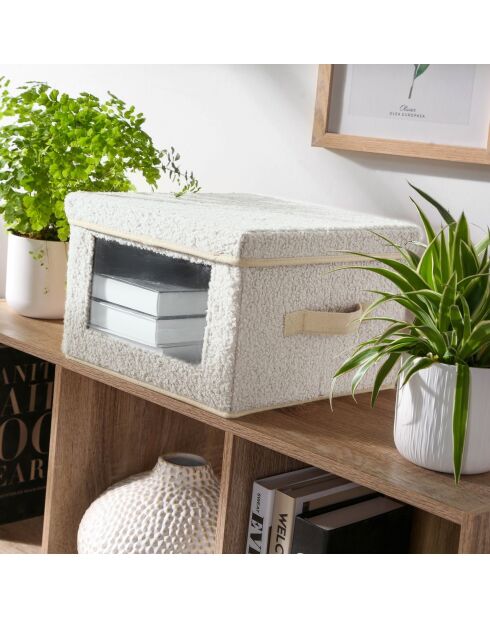Caja de almacenamiento de tela rizada color crudo con ventana - L.30 cm