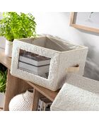 Caja de almacenamiento de tela rizada color crudo con ventana - L.30 cm