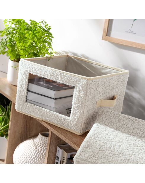 Caja de almacenamiento de tela rizada color crudo con ventana - L.30 cm