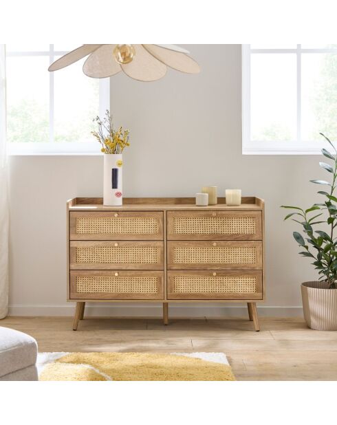 Cómoda Palmo de 6 cajones con frentes de ratán natural - L.120 cm