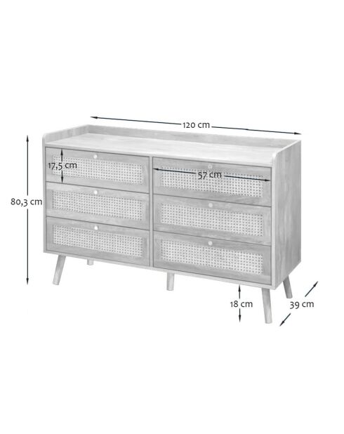 Cómoda Palmo de 6 cajones con frentes de ratán natural - L.120 cm