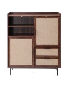 Aparador alto Jetson de 2 puertas, 2 cajones con frentes de madera oscura y tela beige, H.120 cm
