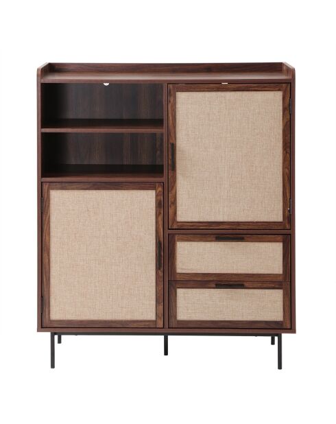 Aparador alto Jetson de 2 puertas, 2 cajones con frentes de madera oscura y tela beige, H.120 cm
