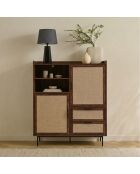Aparador alto Jetson de 2 puertas, 2 cajones con frentes de madera oscura y tela beige, H.120 cm