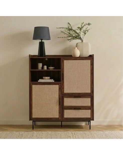 Aparador alto Jetson de 2 puertas, 2 cajones con frentes de madera oscura y tela beige, H.120 cm