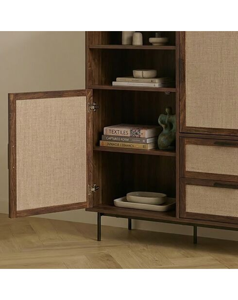 Aparador alto Jetson de 2 puertas, 2 cajones con frentes de madera oscura y tela beige, H.120 cm